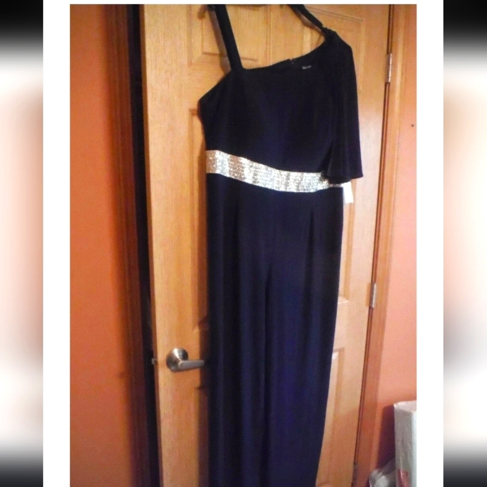 Elegant Navy One-Shoulder Pant Jumpsuit with Silver Accent